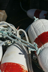 Shot of crab buoys for traps in Newport, Oregon coast