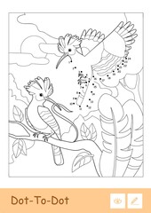Colorless vector dot-to-dot hoopoes in a wood in a wood isolated on white background for the youngest children. Fun and learning of ornitology for kids