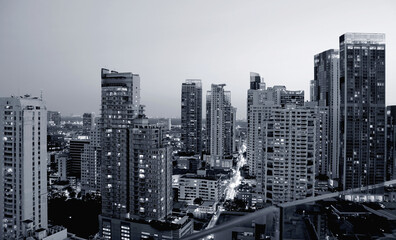 Monochrome Skyscrapers Aerial view of Bangkok Downtown in the Evening