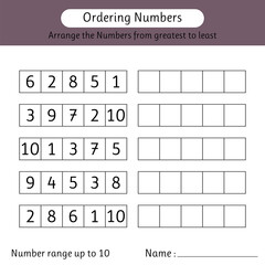 Ordering numbers worksheet. Arrange the numbers from greatest to least. Mathematics. Number range up to 10