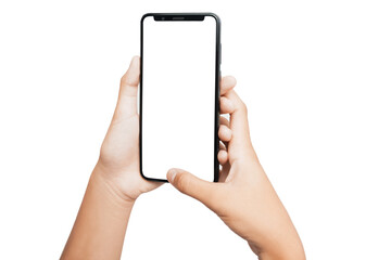 two hand touch mobile phone isolated on white background