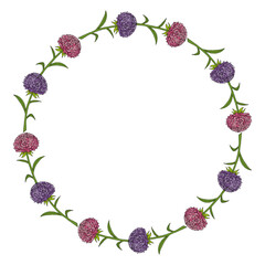 Round frame with great aster flowers on white background. Doodle style. Vector image.