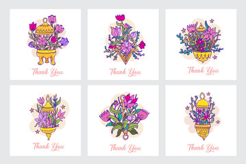 Thank you card set. Thank you cards with flowers composition. Vector illustration in cartoon hand drawn doodle style. Flowers bouquets in a golden vintage bird cages. Elegant aesthetic template