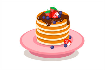 stack of pancakes on plate under chocolate and berries on white plate.