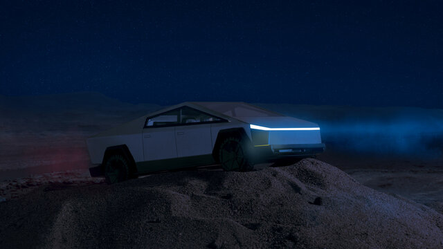 Close up shot Tesla Cybertruck handcrafted model car on sand and with a Mars background at night