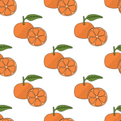 Seamless pattern with tangerine on white background. Vector image.