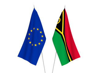 National fabric flags of European Union and Republic of Vanuatu isolated on white background. 3d rendering illustration.