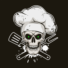 Grinning skull in chef hat with crossed barbecue tools. Cartoon chef skull in hand drawn style. Grill master, grunge vector illustration