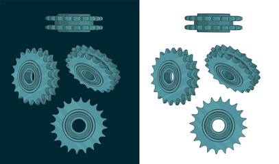 Double chain sprocket color drawings - obrazy, fototapety, plakaty