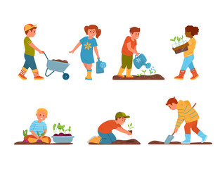 Vector Set Of Kids Gardening. Boys And Girls In Rubber Boots Watering, Planting, Digging, Harvesting Outdoors. Isolated On White. © Александра Гвардейце