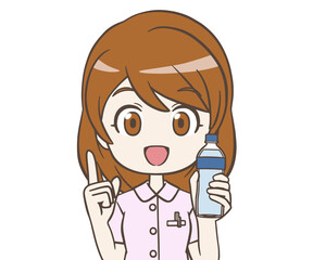 人差し指を立ててペットボトルを持つ看護師