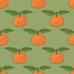 Seamless pattern with tangerine on discreet green background. Vector image.