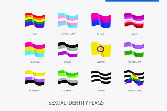 Flags set. Sexual identity. Pride flag, LGBTQ+ symbols,  gender gay, transgender, bisexual, lesbian and others. Vector illustration.