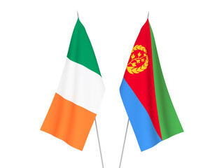 National fabric flags of Ireland and Eritrea isolated on white background. 3d rendering illustration.