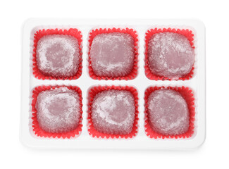 Delicious mochi in plastic tray on white background, top view. Traditional Japanese dessert