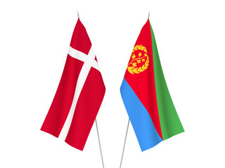 National fabric flags of Eritrea and Denmark isolated on white background. 3d rendering illustration.