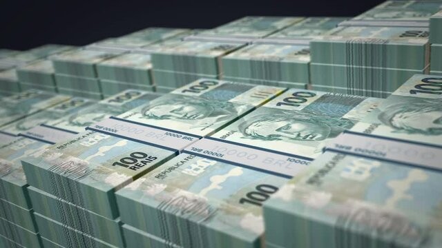 Brazilian Real money pack loop 3d animation. Loopable seamless concept of finance, cash, economy, business and bank in Brazil. Camera moving over the BRL banknote bundle stacks.