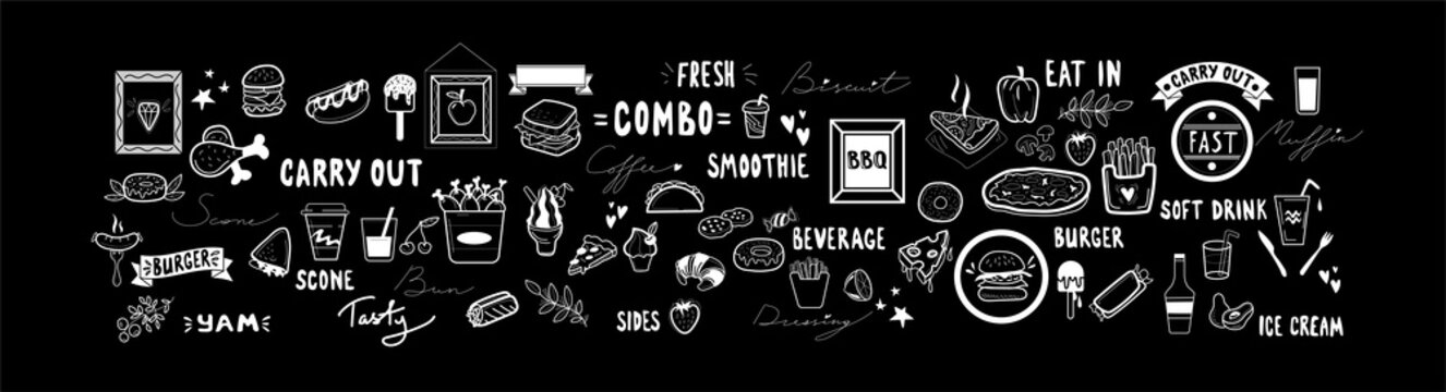 big vector set of restaurant and fast food bar items like chalk on black board, yammy words and decors for your design chalkboard, frame and white elements of cooking.