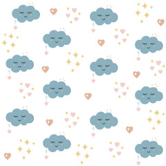 Children's cute pattern of sleeping clouds in boho style, wallpaper, textiles, background