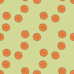 Seamless pattern with tangerine on light green background. Vector image.