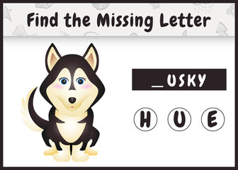 educational spelling game for kids find missing letter with a cute husky dog