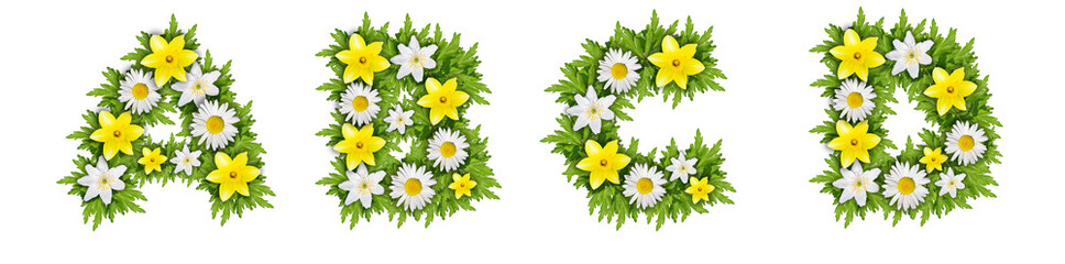 The letters A, B, C, D are made of beautiful flowers