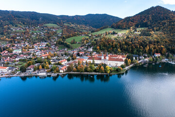 Fototapeta na wymiar Aerial view, Tegernsee monastery and Bräustüberl, Tegernsee, Upper Bavaria, Bavaria, Germany,