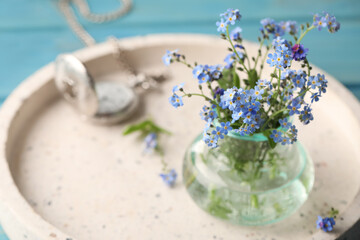 Beautiful Forget-me-not flowers in vase on tray