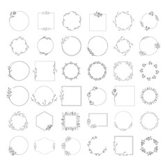 Collection of hand drawn wedding branding with botanical elements. Wreaths, borders and frames for floral design. Vector isolated.