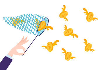 Businessman hand in office suit hold butterfly net catch gold dollar coin, business finance flat vector illustration, isolated on white.