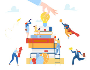 Businessman and businesswoman tiny character, corporation teamwork assistant, creative idea flat vector illustration, isolated on white.