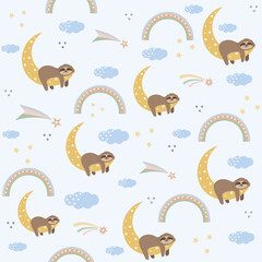 Children's cute pattern of sleeping Sloths among clouds, stars and rainbows, boho style, wallpaper, textiles, background