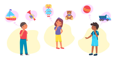 Little cute children character girl and boy dreaming new plaything, dreamy cheerful child flat vector illustration, isolated on white.