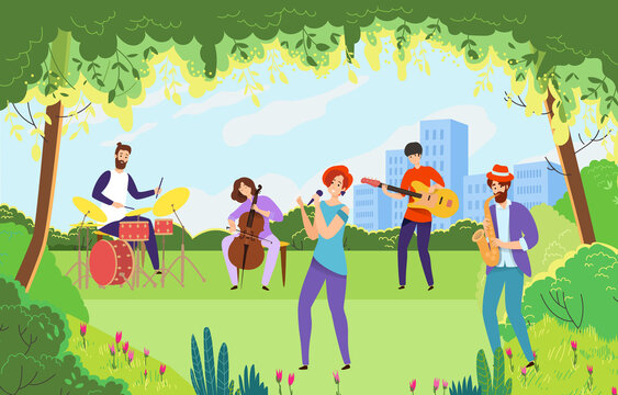 Creative city green outdoor garden park musical performance, young character artist play classic jazz music flat vector illustration.