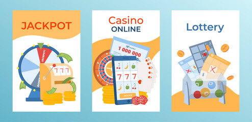 Concept gambling postcard banner set, modern online jackpot casino, large sum lucky lottery game flat vector illustration.