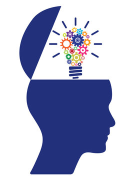 Blue open minded character with colorful lightbulb with gears. Idea concept illustration to use in business, logical thinking, open mind and knowledge concept projects and presentations.