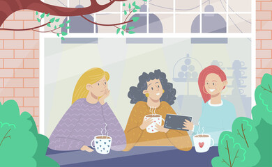 Group people together female sitting relax girlfriend meeting, woman friend drink coffee cozy cafe flat vector illustration.