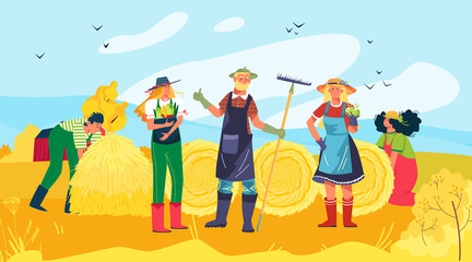 Cheerful people group character together harvest crop, modern farmer working agricultural field haymaking flat vector illustration.