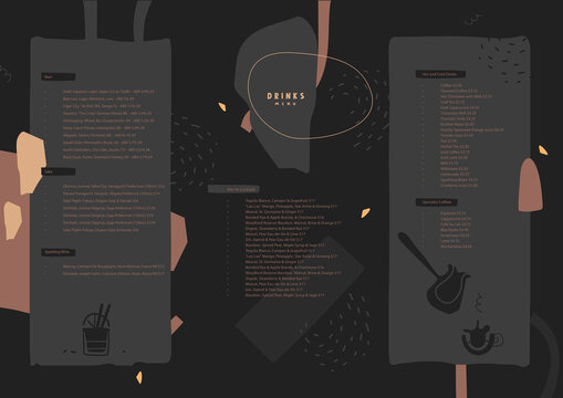 Drinks menu. Pre-made abstract composition. Flat style with lines and spots. Vector template for menu,  list, banner, booklet, flyer. Black background
