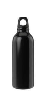 Black metallic water bottle, mockup on white background, 3d rendering image