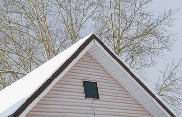 Triangular roof of a house in winter. A layer of white snow, plastic siding. Background - the trunk and branches of a tree, the sky. Attic window.