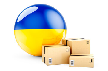 Parcels with Ukrainian flag. Shipping and delivery in Ukraine, concept. 3D rendering