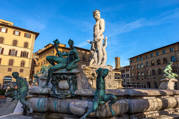 Fototapeta na wymiar Florence downtown, the Neptune Fountain (Roman deity), by Bartolomeo Ammannati 1560-1565, Piazza della Signoria, UNESCO world heritage site,Tuscany, Italy, Europe.