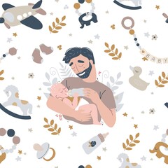 Boho newborn baby boy seamless pattern. Icons of baby items.