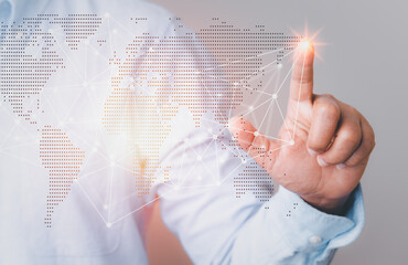 Idea creative hand touching presentation technology internet networking and commucation world map business conceptual, business concept structure big data internet network system support abstract. 