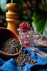 Spices black pepper in the bowl with fresh peppercorn branch. Close up