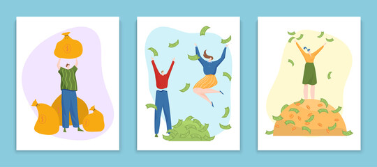 Concept rich people squandering money cash, wealthy person character, male female own dollar finance flat vector illustration.