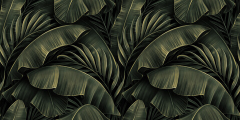 Tropical exotic seamless pattern with golden green banana leaves, palm on night dark background. Premium hand-drawn textured vintage 3D illustration. Good for luxury wallpapers, cloth, fabric printing - 429611348