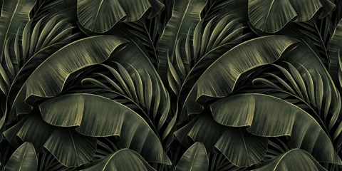 Washable wall murals Tropical set 1 Tropical exotic seamless pattern with golden green banana leaves, palm on night dark background. Premium hand-drawn textured vintage 3D illustration. Good for luxury wallpapers, cloth, fabric printing