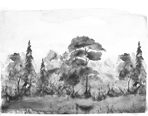 watercolor pattern. Autumn landscape, forest, park. Silhouettes of trees and bushes. Linear curb. Mixed forest - oak, ash, maple, birch, pine, cedar, spruce. Black and white ink drawing.